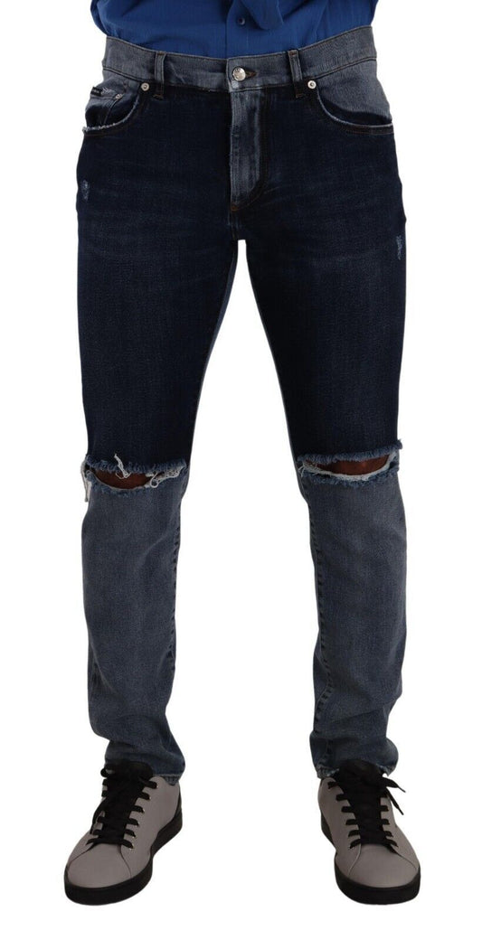 Dolce &amp; Gabbana Blue Two Tone Tattered Cotton Slim Denim Jeans