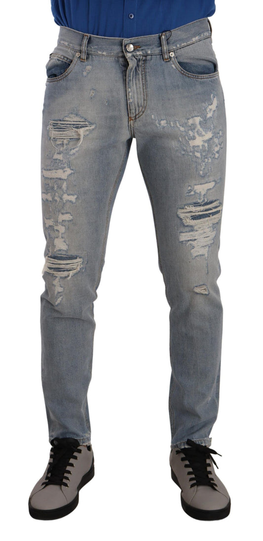 Dolce &amp; Gabbana Light Blue Tattered Cotton Regular Denim Jeans