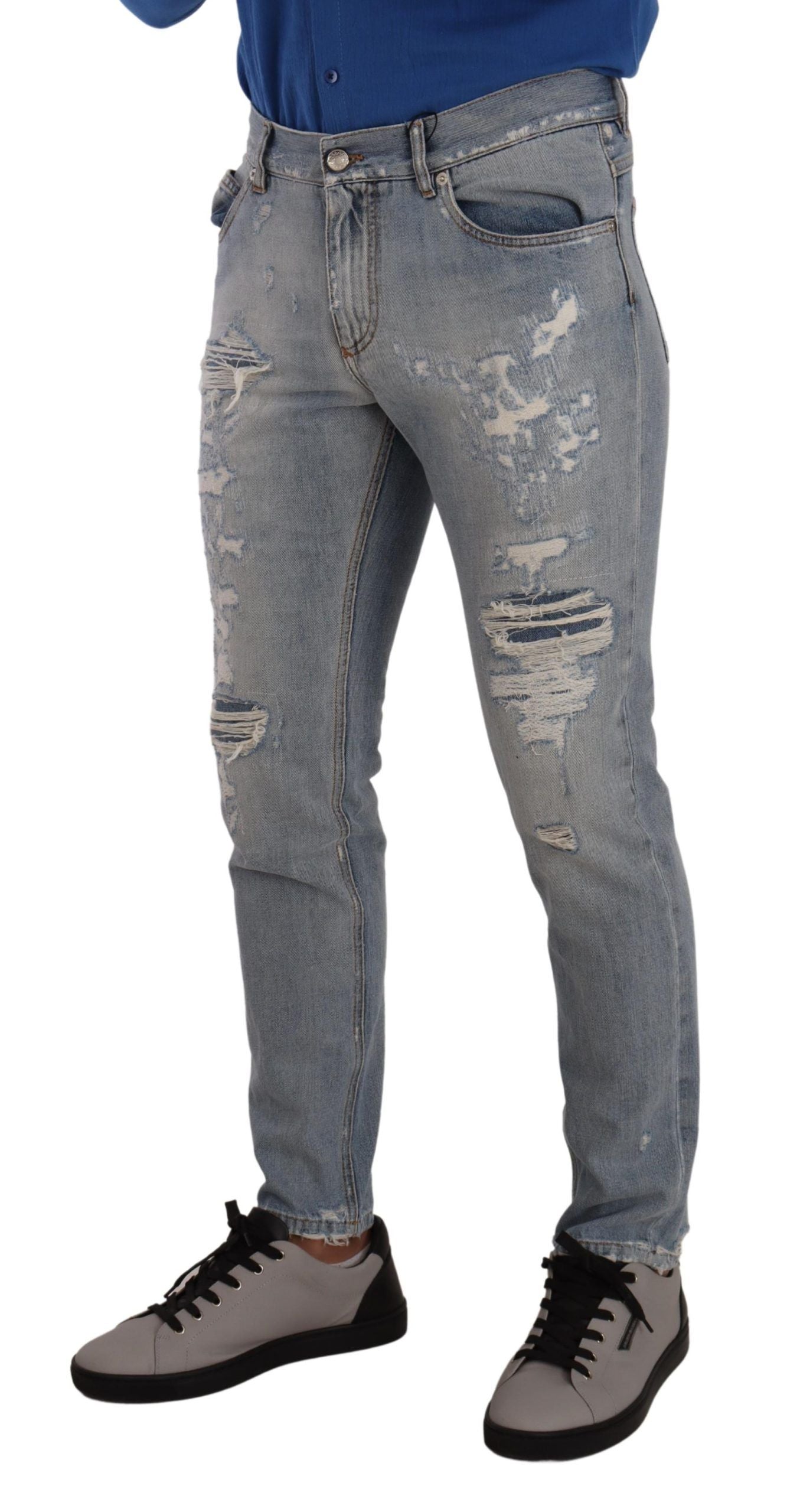 Dolce &amp; Gabbana Light Blue Tattered Cotton Regular Denim Jeans