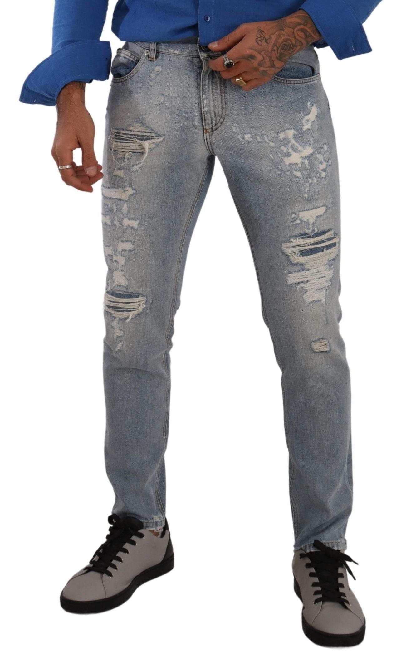 Dolce &amp; Gabbana Light Blue Tattered Cotton Regular Denim Jeans