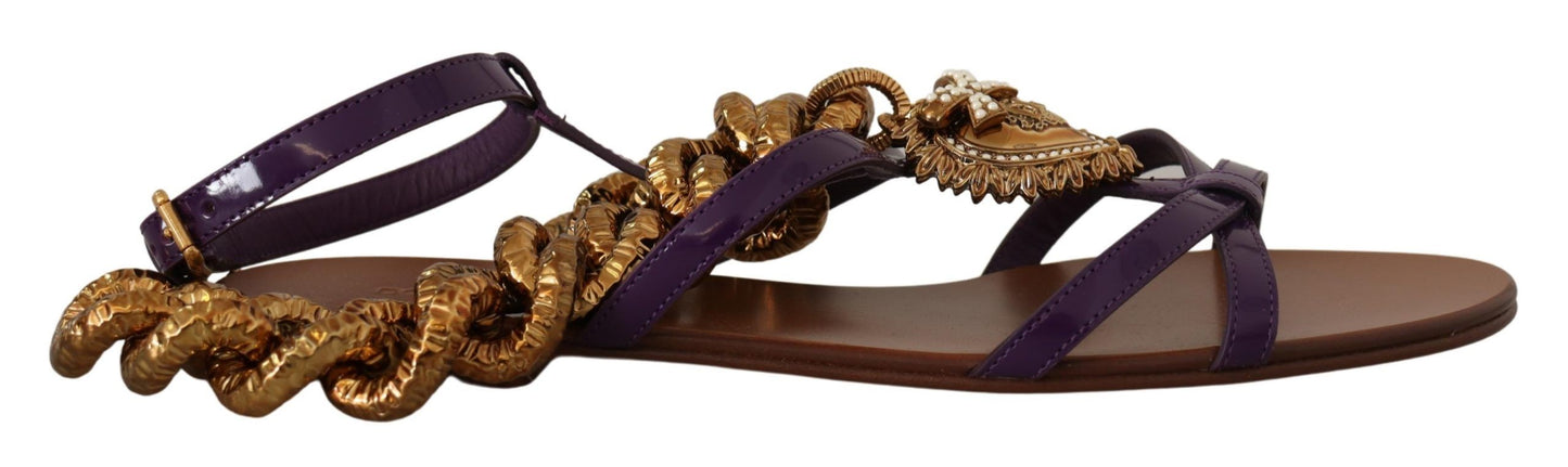 Dolce &amp; Gabbana Purple Leather Devotion Flats Sandals Shoes