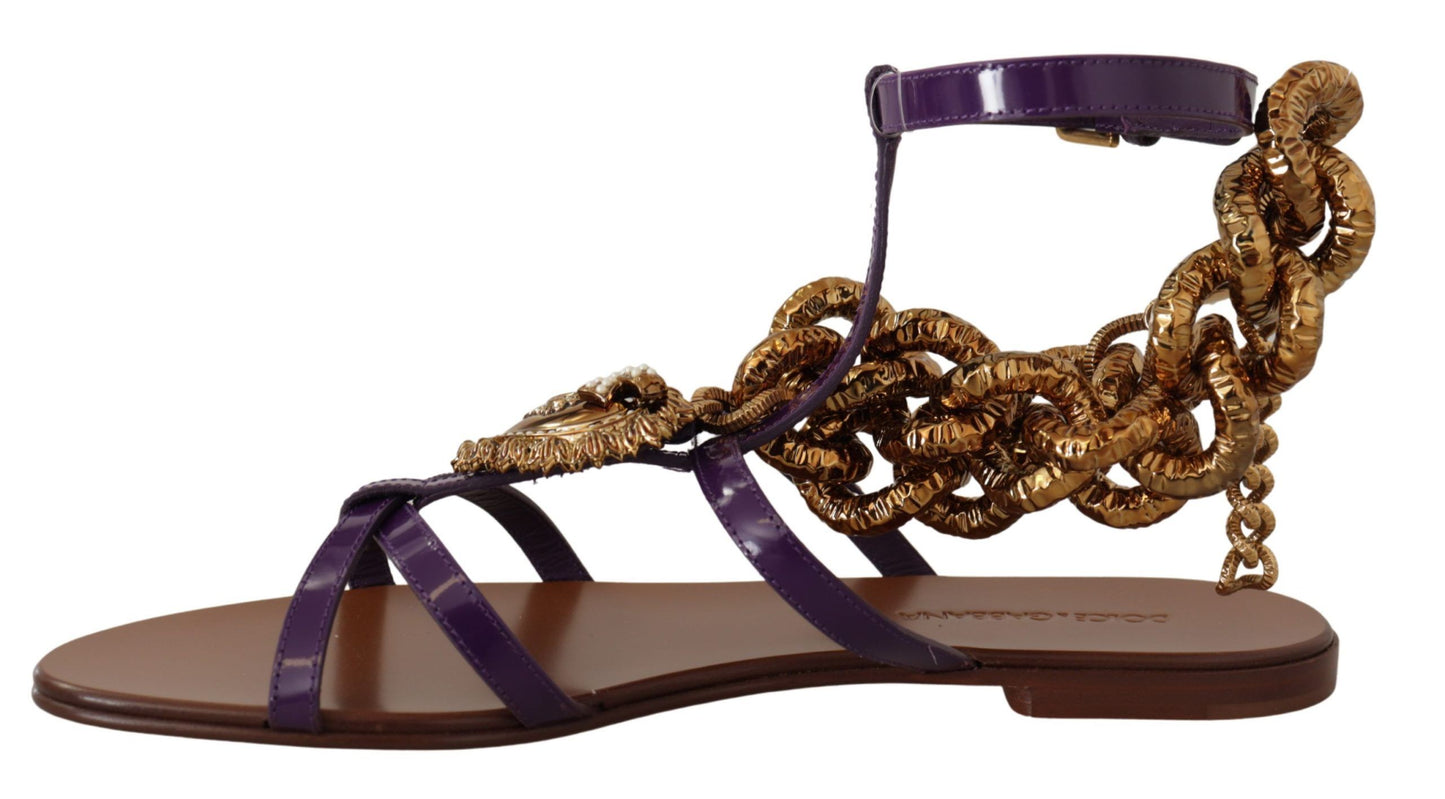 Dolce &amp; Gabbana Purple Leather Devotion Flats Sandals Shoes