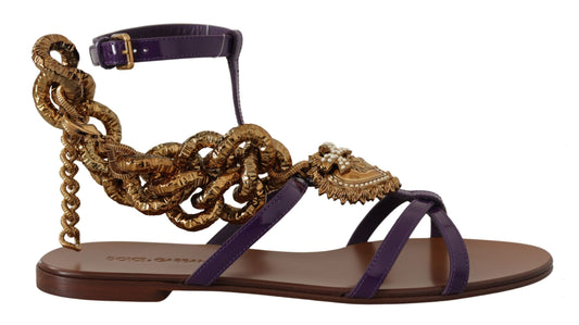 Dolce &amp; Gabbana Purple Leather Devotion Flats Sandals Shoes