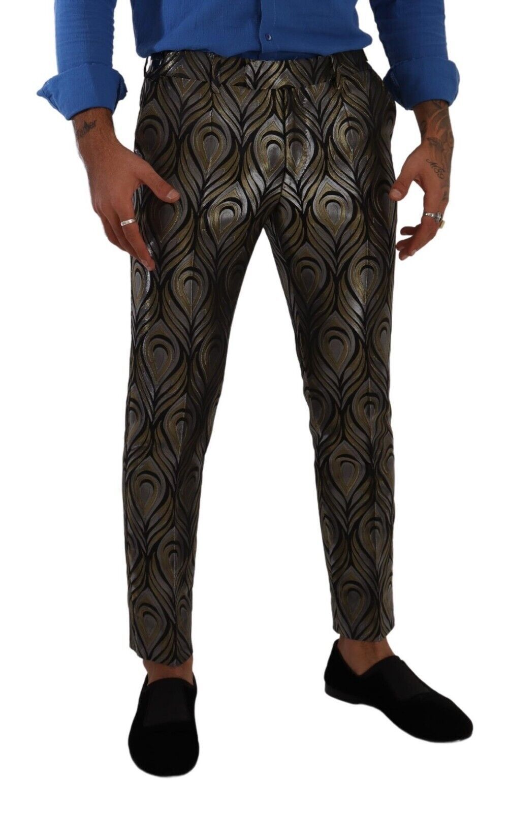 Dolce &amp; Gabbana Silver Gold Jacquard Men Trouser Dress Pants