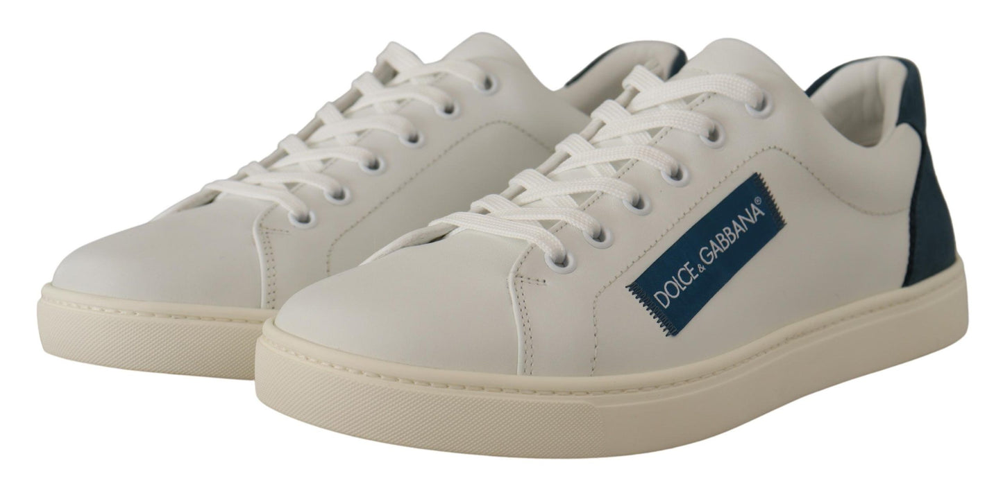 Dolce &amp; Gabbana White Blue Leather Low Top Sneakers