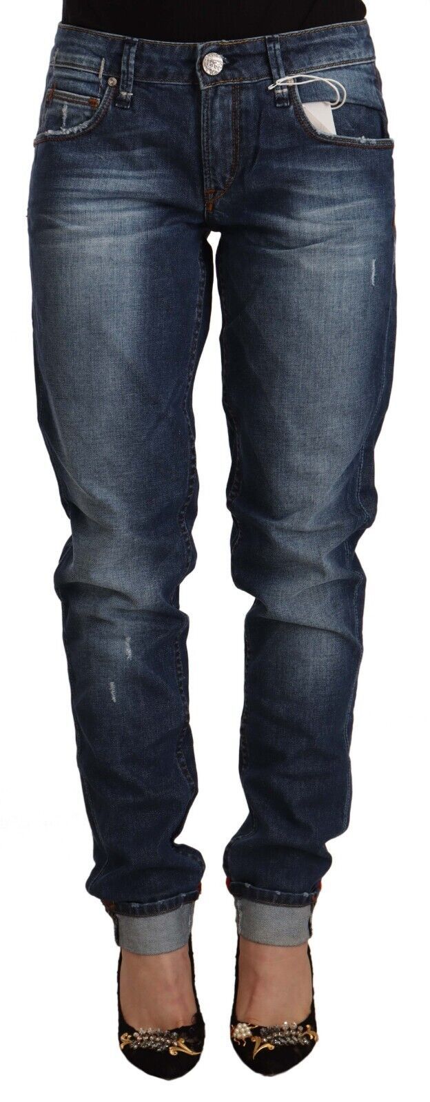 Acht Blue Washed Mid Waist Slim Fit Denim-Jeans mit gefaltetem Saum