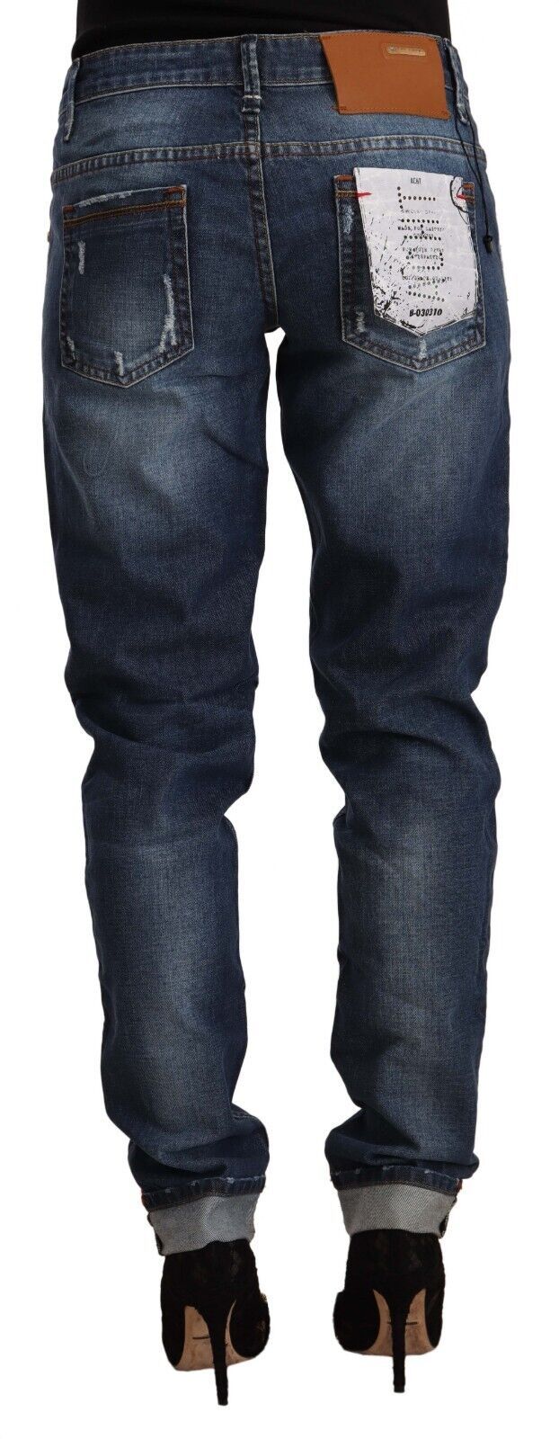 Acht Blue Washed Mid Waist Slim Fit Denim-Jeans mit gefaltetem Saum