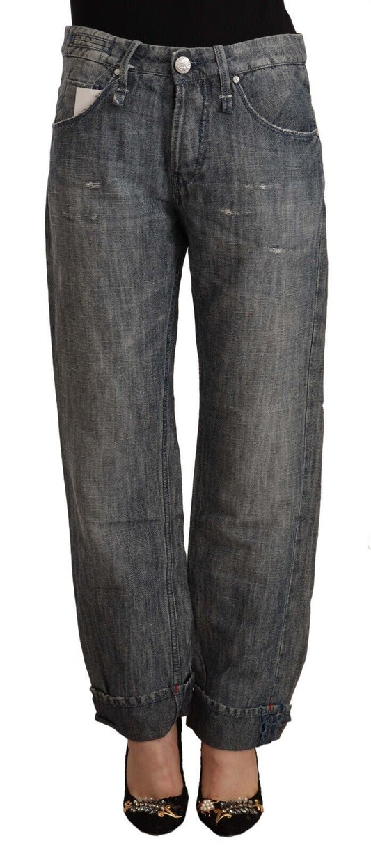 Acht graue, gewaschene Ramie-Jeans aus geradem Denim mit gefaltetem Saum