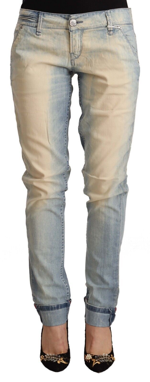 Acht hellblaue Skinny-Jeans aus gewaschener Baumwolle mit niedriger Taille