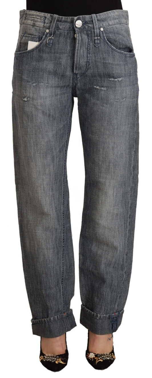 Acht Grey Washed Mid Waist Straight Denim Folded Hem Jeans