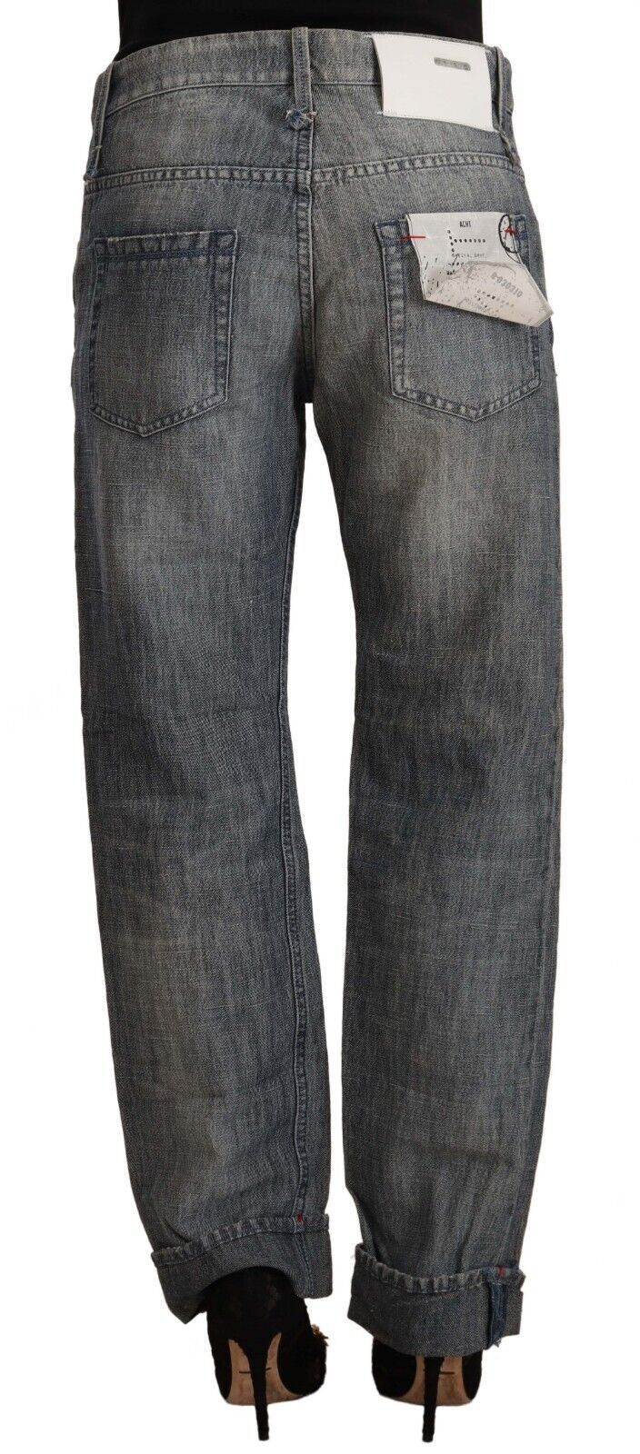 Acht Grey Washed Mid Waist Straight Denim Folded Hem Jeans