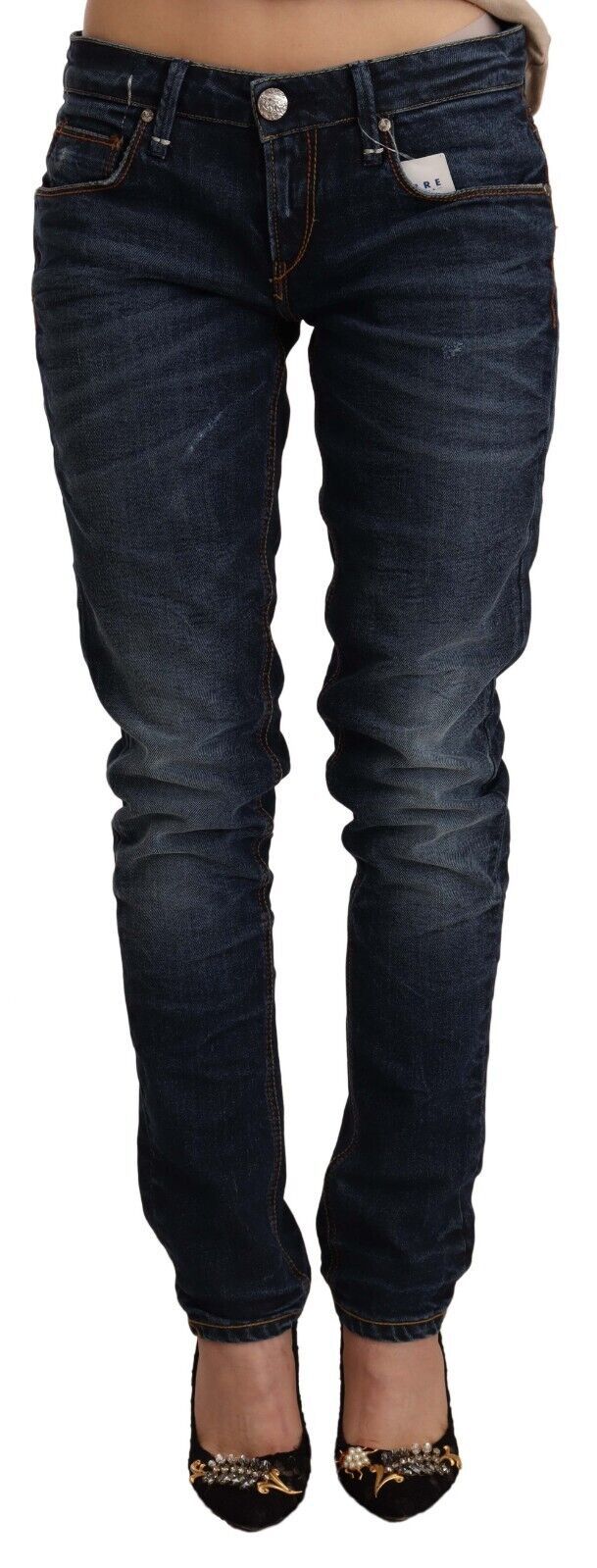 Acht blaue Skinny-Jeans aus gewaschener Baumwolle mit niedriger Taille