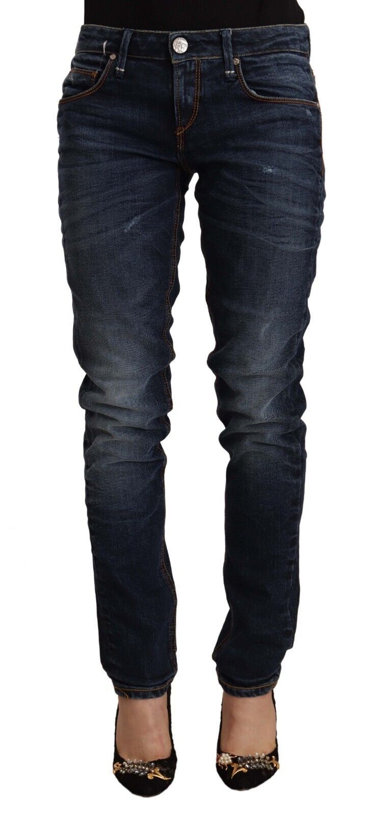 Acht blaue Skinny-Jeans aus gewaschener Baumwolle mit mittlerer Taille