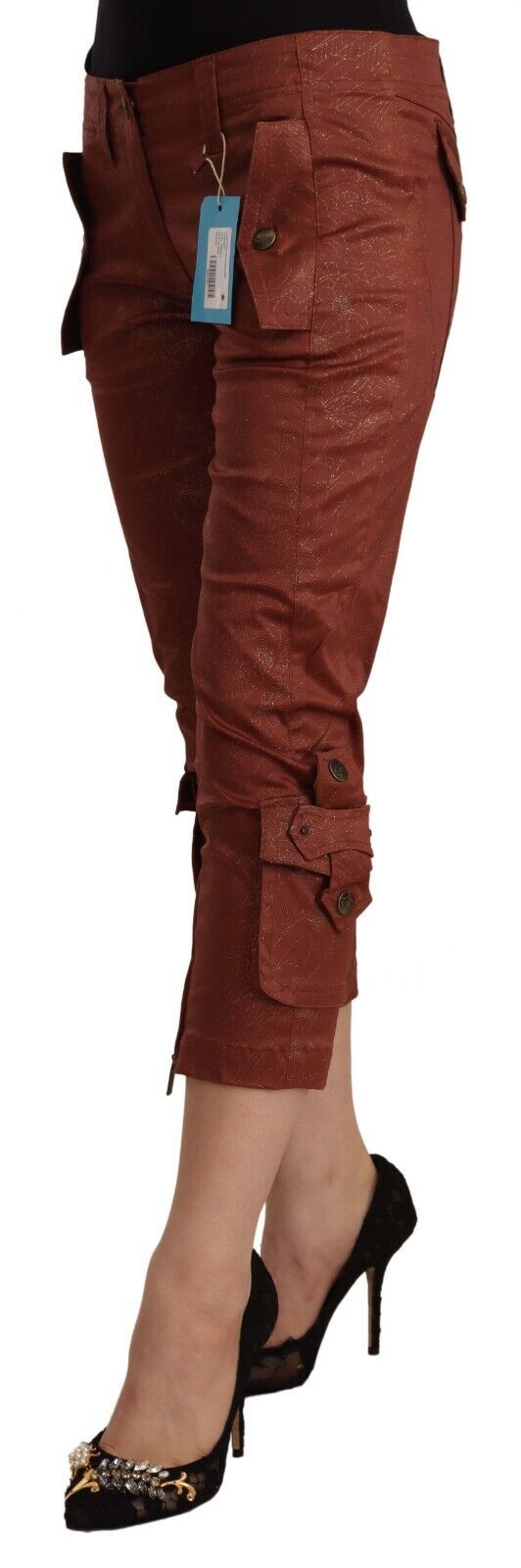 Just Cavalli Brown Lurex-Baumwoll-Caprihose mit mittlerer Taille und kurzem Schnitt