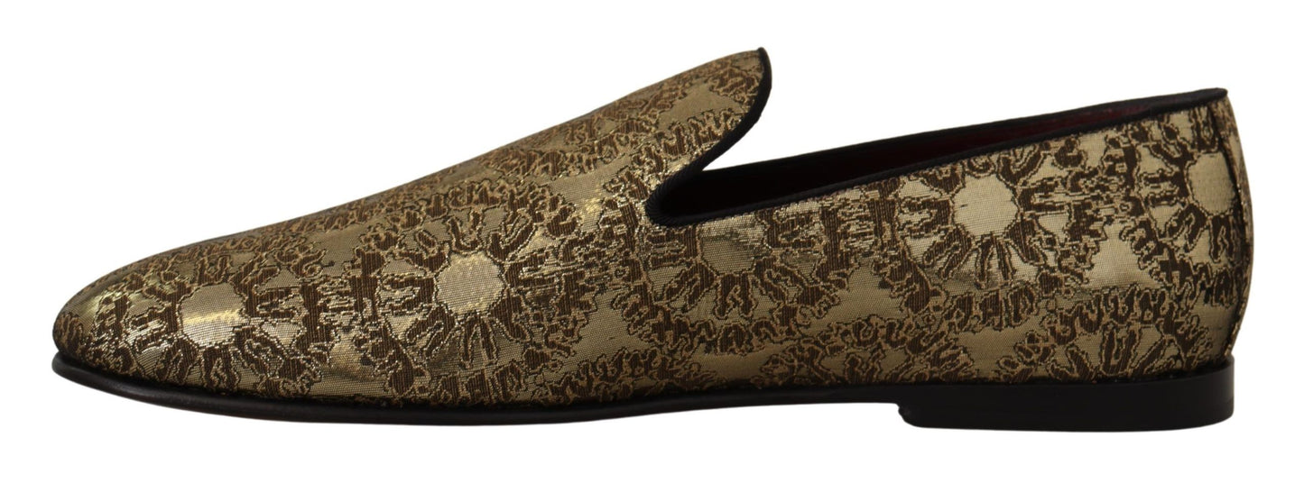 Dolce &amp; Gabbana Gold Jacquard Flats Mens Loafers Shoes