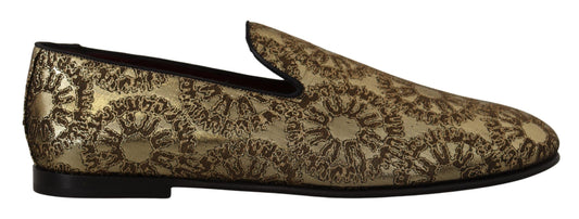 Dolce &amp; Gabbana Gold Jacquard Flats Mens Loafers Shoes