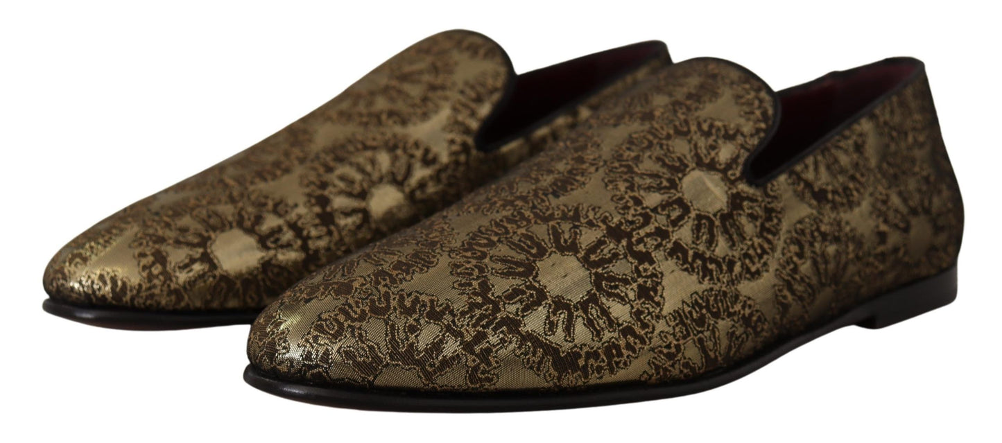 Dolce &amp; Gabbana Gold Jacquard Flats Mens Loafers Shoes