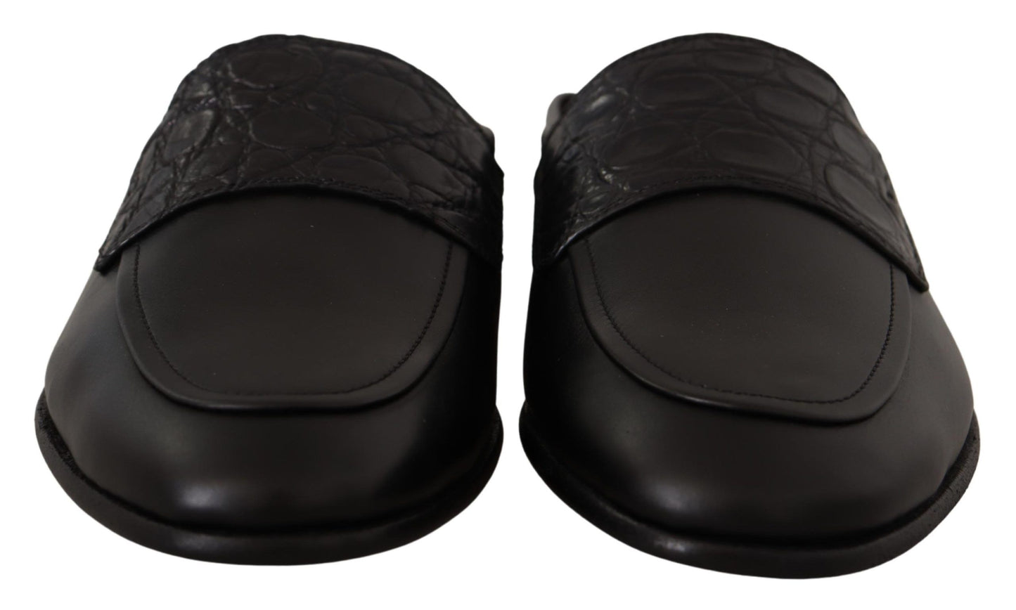 Dolce &amp; Gabbana Black Leather Caiman Sandals Slides Slip Shoes