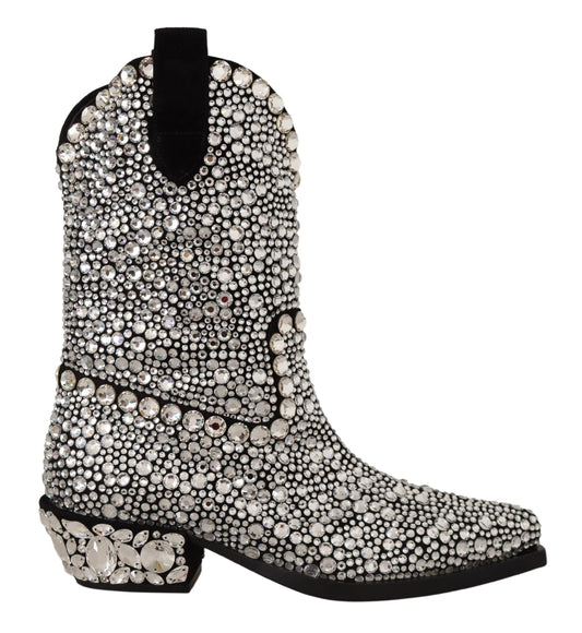 Dolce &amp; Gabbana Cowgirl-Stiefel aus schwarzem Wildleder mit Strass und Kristallen