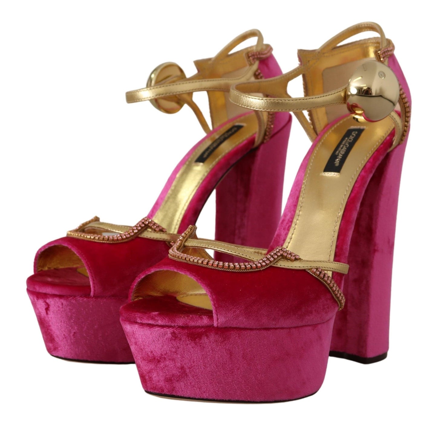 Dolce &amp; Gabbana Pink Velvet Crystal Ankle Strap Sandals Shoes