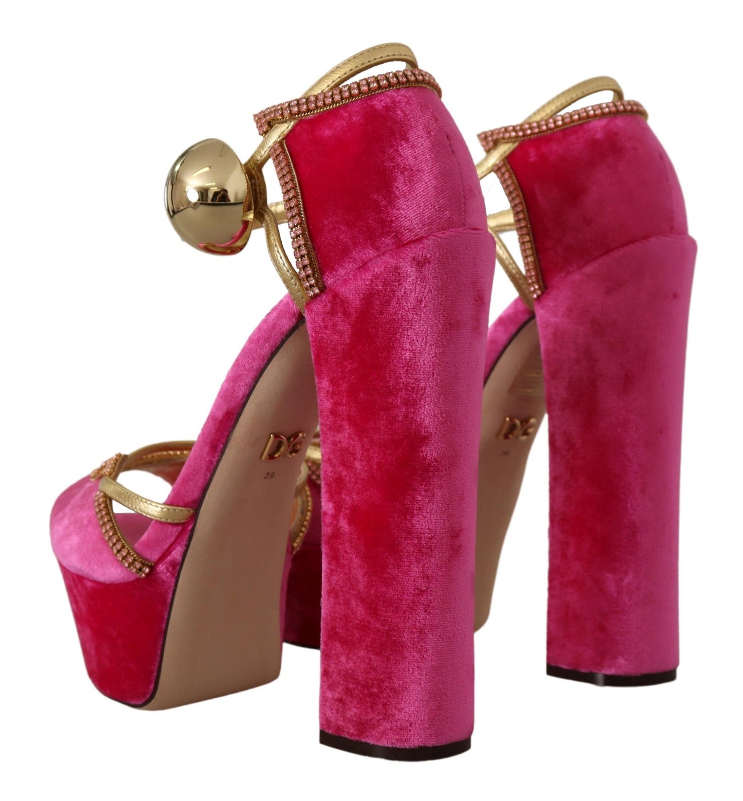 Dolce &amp; Gabbana Pink Velvet Crystal Ankle Strap Sandals Shoes