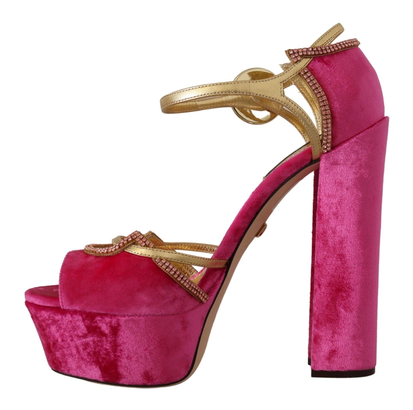 Dolce &amp; Gabbana Pink Velvet Crystal Ankle Strap Sandals Shoes