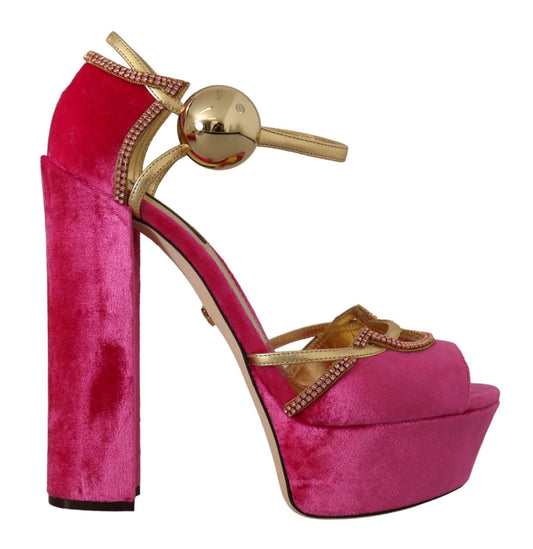 Dolce &amp; Gabbana Pink Velvet Crystal Ankle Strap Sandals Shoes