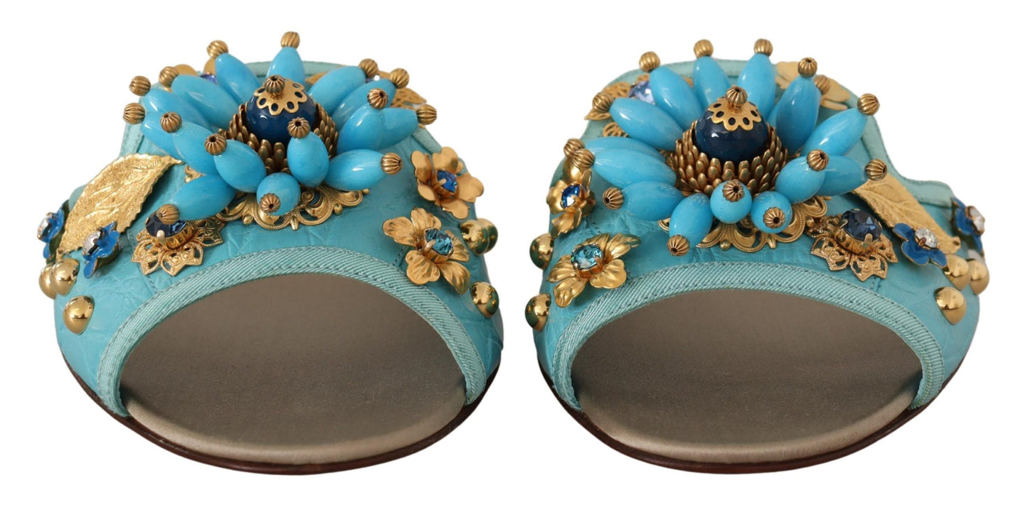 Dolce &amp; Gabbana Blue Crystal Exotic Leather Blue Crystal Sandals