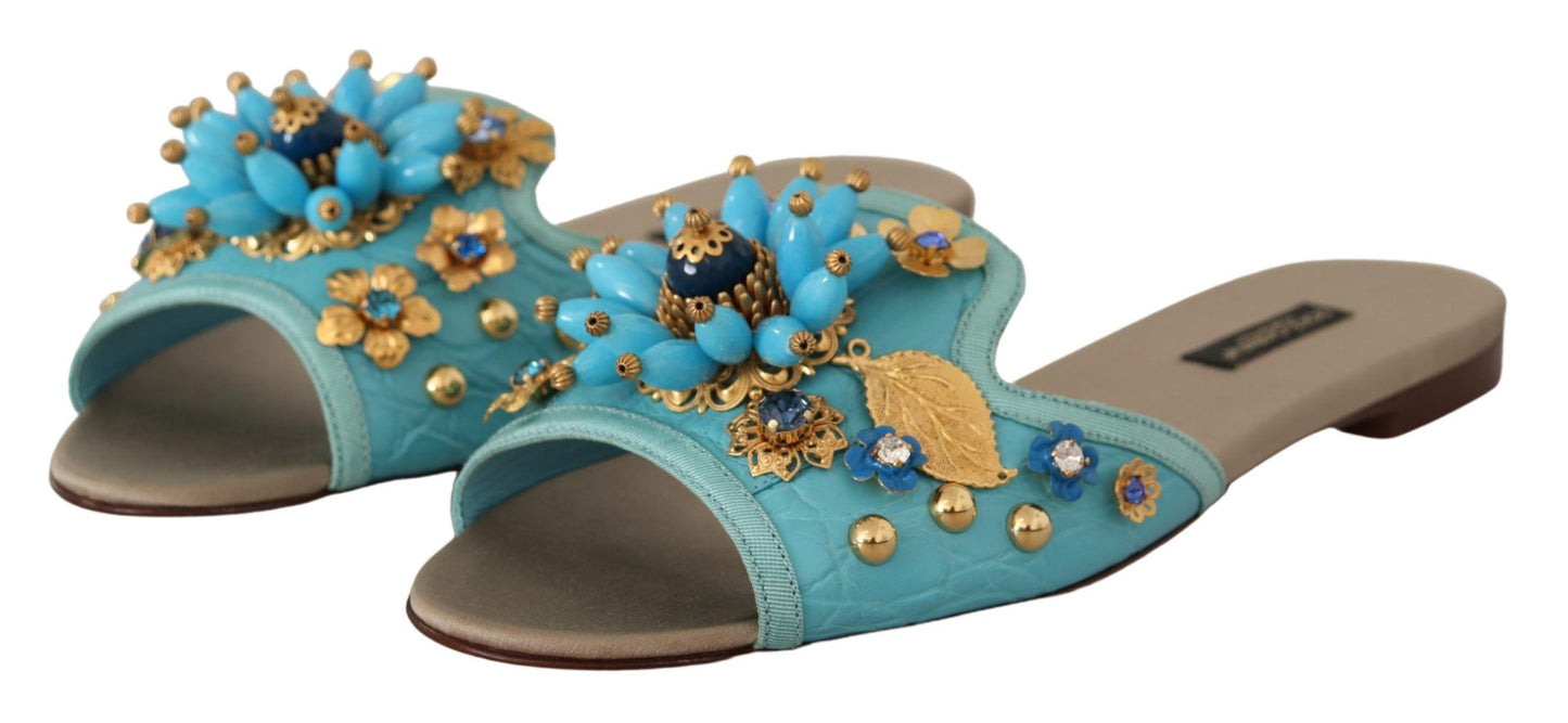 Dolce &amp; Gabbana Blue Crystal Exotic Leather Blue Crystal Sandals