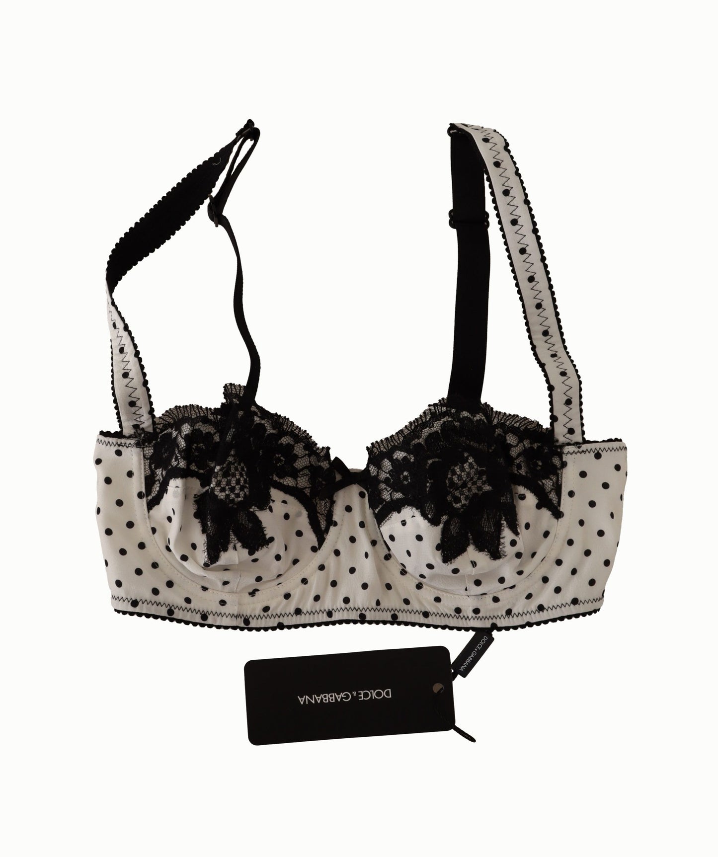 Dolce &amp; Gabbana White Black Polka Dot Satin Lace Balconette Bra