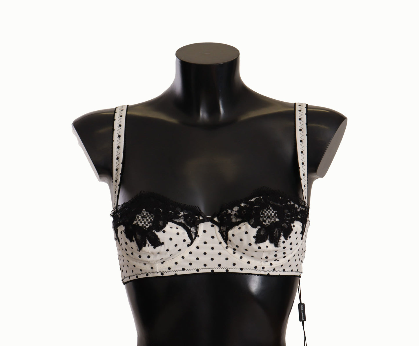 Dolce &amp; Gabbana White Black Polka Dot Satin Lace Balconette Bra