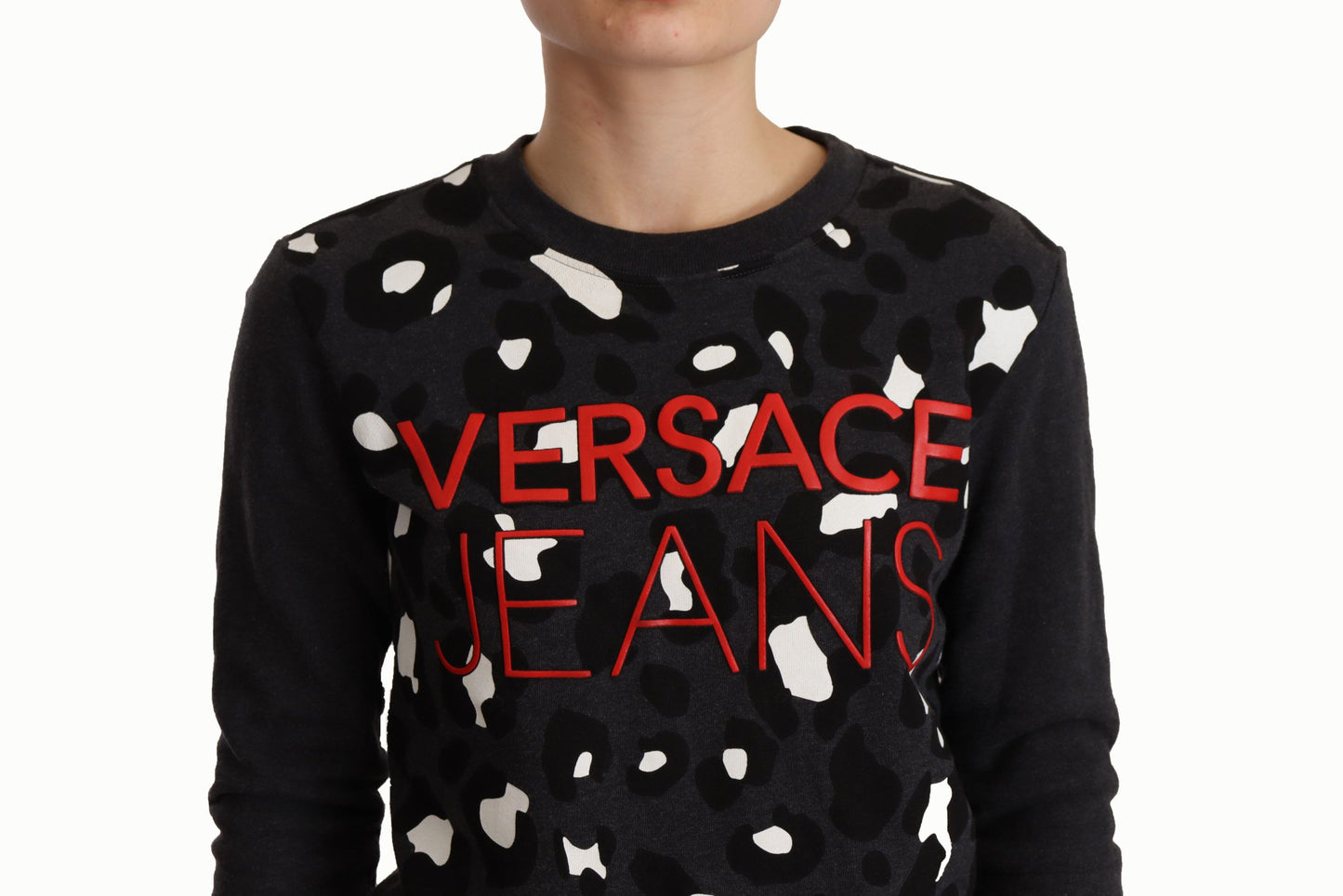 Versace Jeans Pullover aus schwarzer Baumwolle mit Leopardenmuster und langen Ärmeln