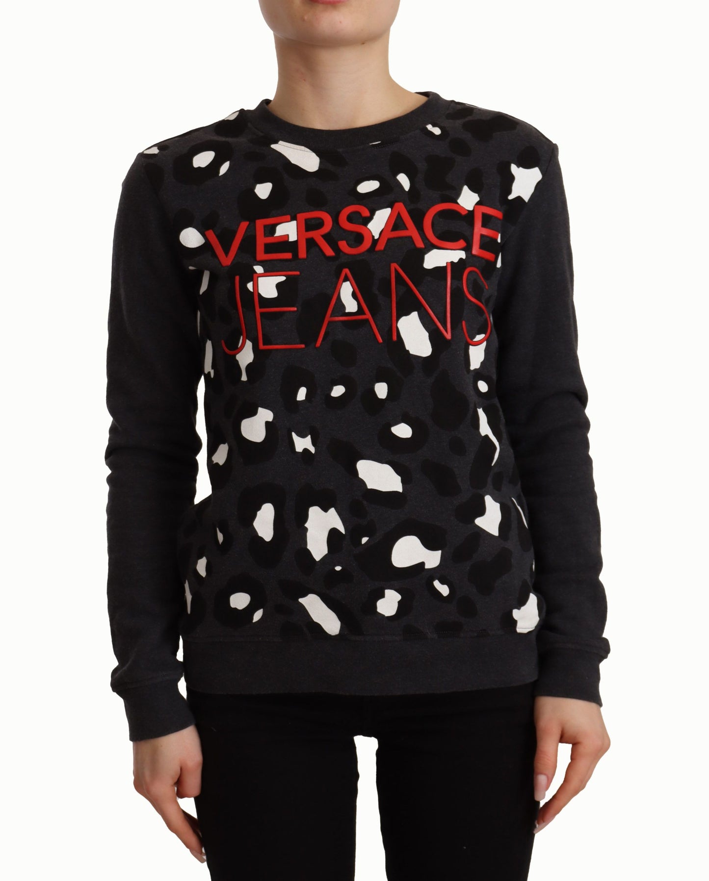 Versace Jeans Pullover aus schwarzer Baumwolle mit Leopardenmuster und langen Ärmeln