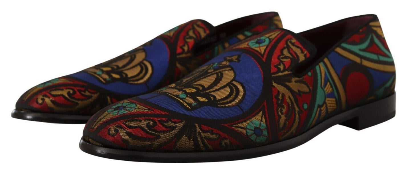 Dolce &amp; Gabbana Multicolor Jacquard Crown Slippers Loafers Shoes