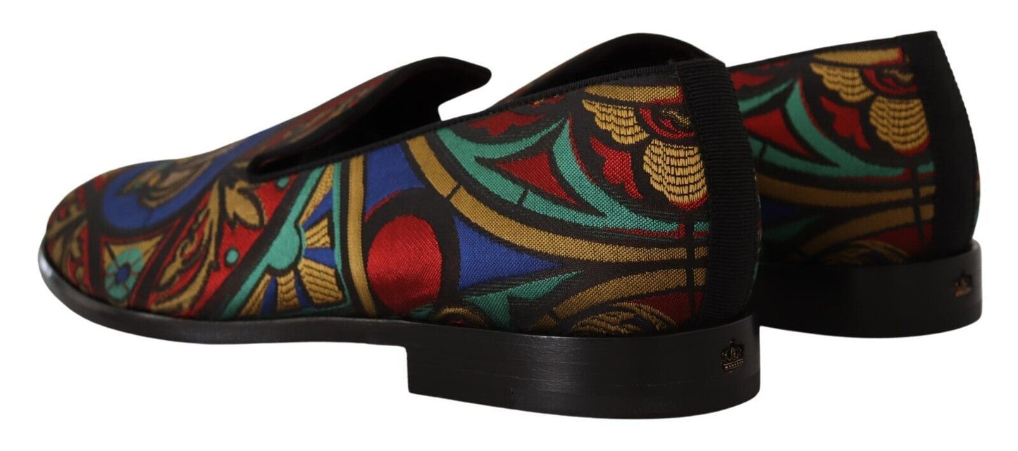 Dolce &amp; Gabbana Multicolor Jacquard Crown Slippers Loafers Shoes