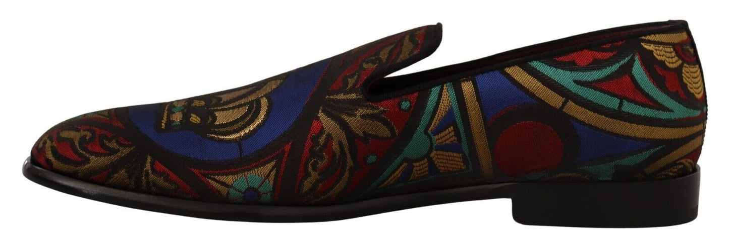 Dolce &amp; Gabbana Multicolor Jacquard Crown Slippers Loafers Shoes