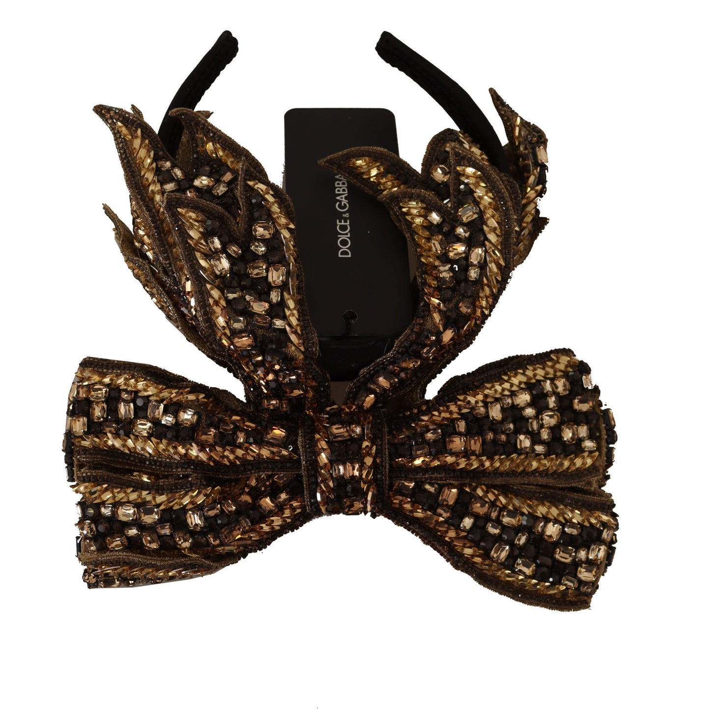 Dolce &amp; Gabbana Gold Crystal Beaded Sequined Silk Bow Headband Diadem