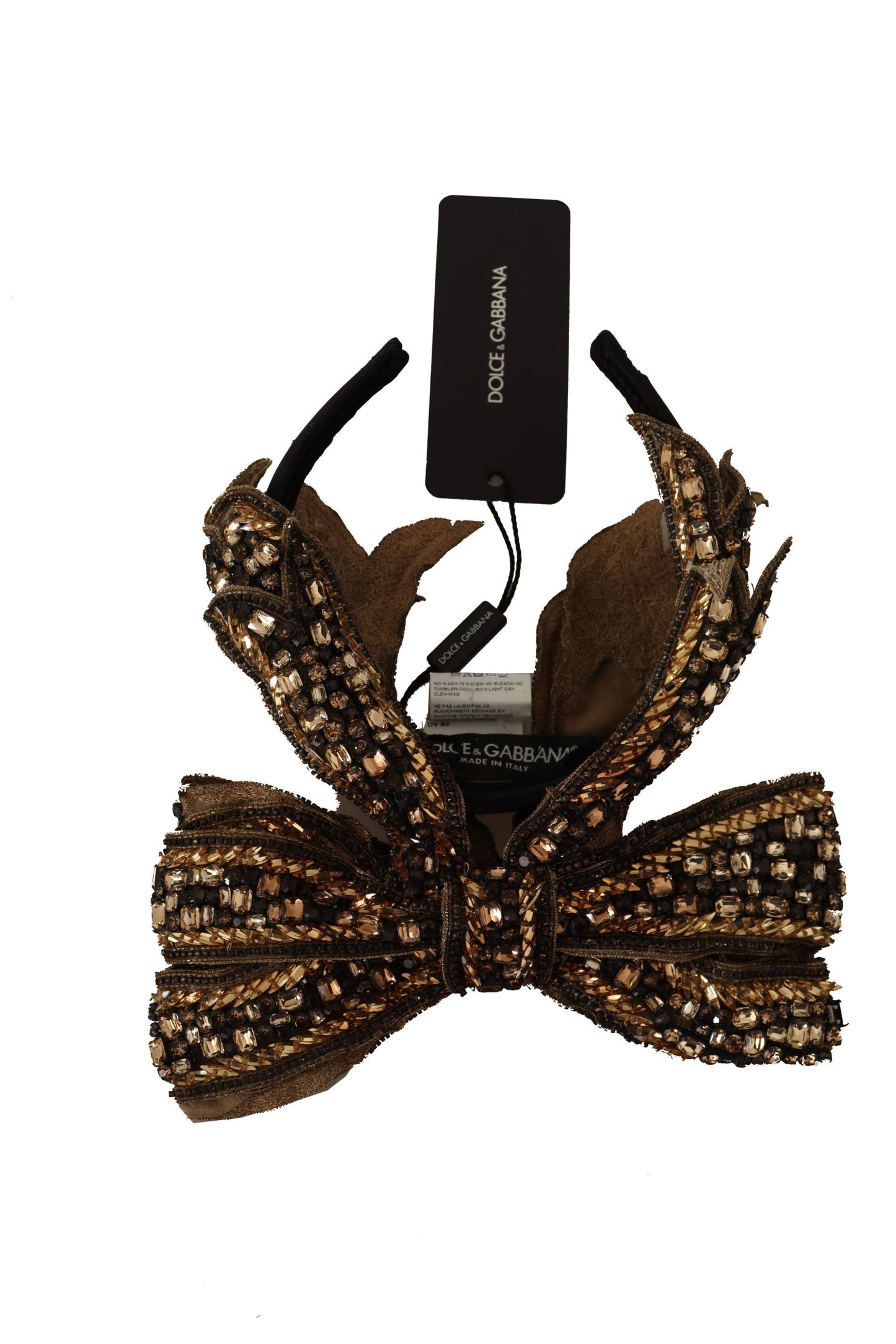 Dolce &amp; Gabbana Gold Crystal Beaded Sequined Silk Bow Headband Diadem