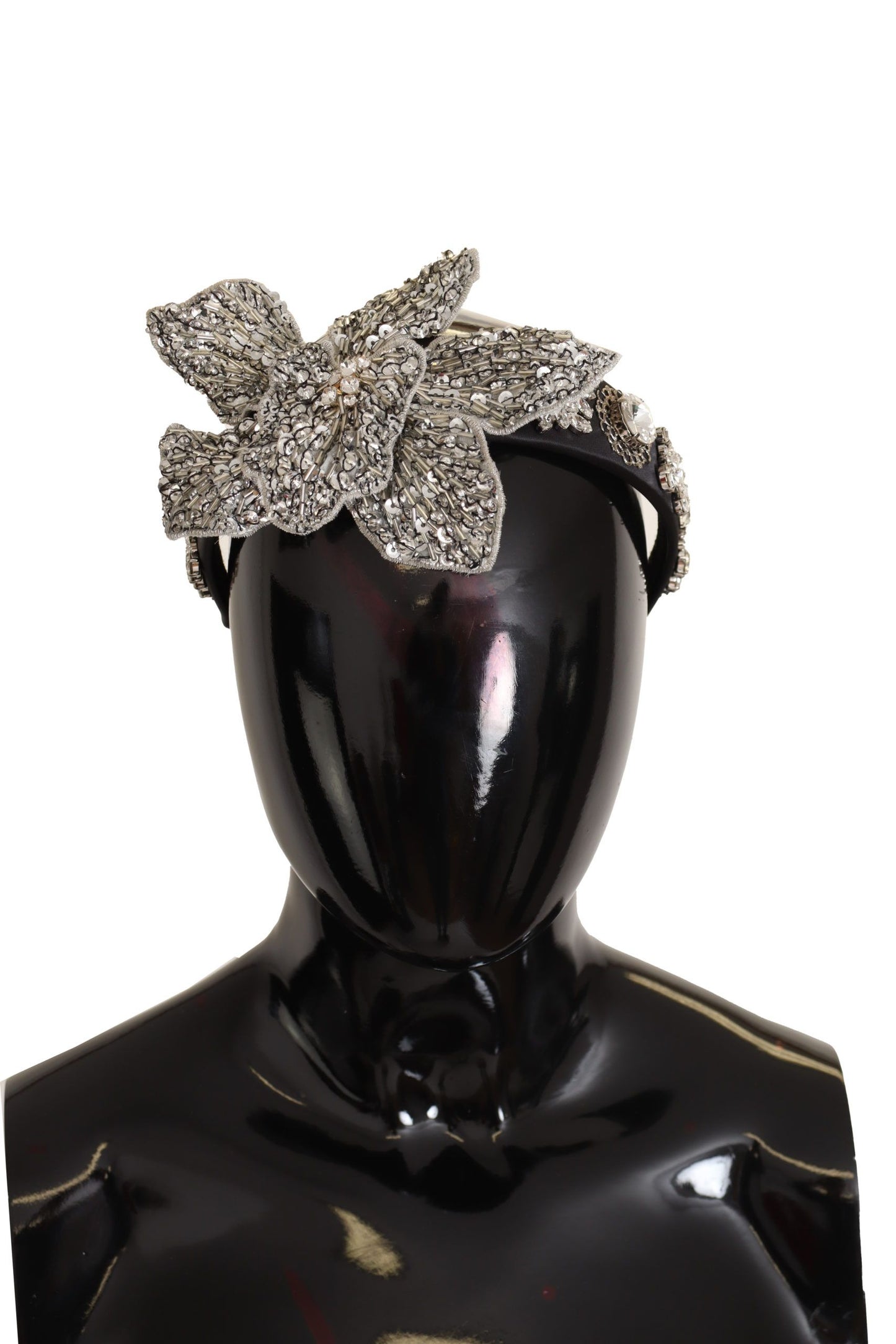 Dolce &amp; Gabbana Black Crystal Beaded Sequined Malaking Flower Diadem Headband