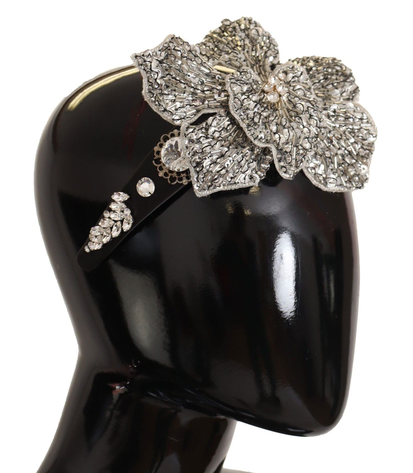 Dolce &amp; Gabbana Black Crystal Beaded Sequined Malaking Flower Diadem Headband