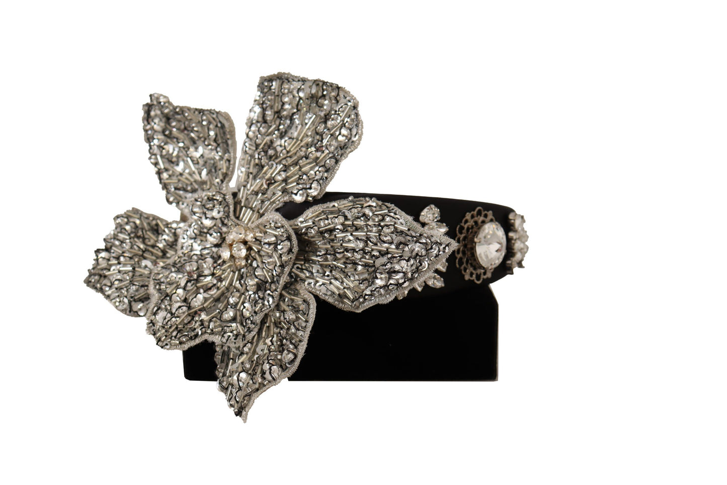 Dolce &amp; Gabbana Black Crystal Beaded Sequined Malaking Flower Diadem Headband