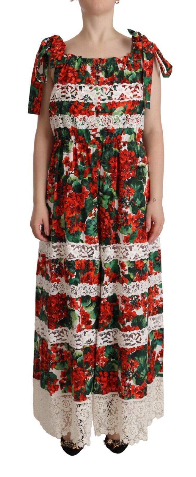 Dolce &amp; Gabbana Mehrfarbiges langes Maxikleid aus Spitze mit Geranien-Print