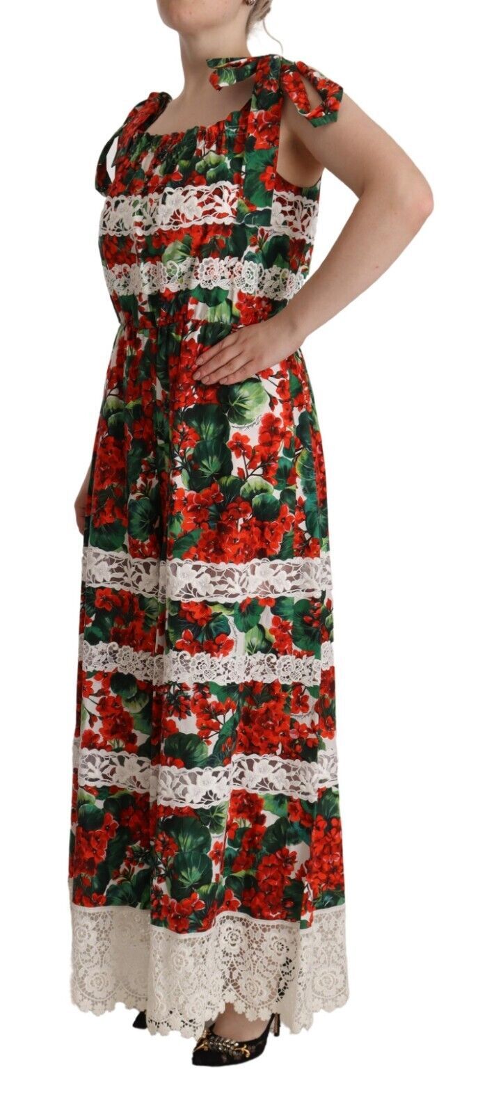 Dolce &amp; Gabbana Multicolor Geranium Print Lace Long Maxi Dress