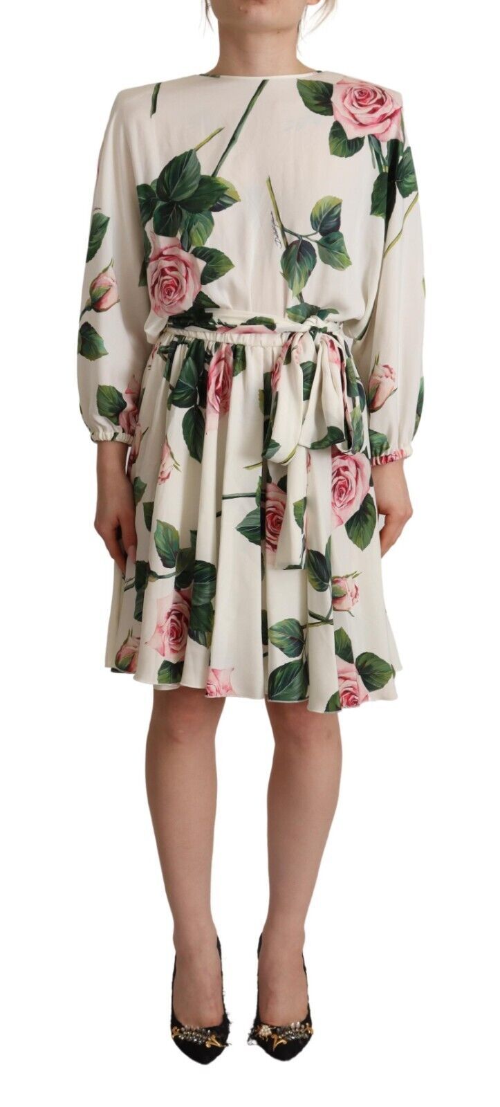 Dolce &amp; Gabbana White Rose Print Long Sleeve A-line Dress