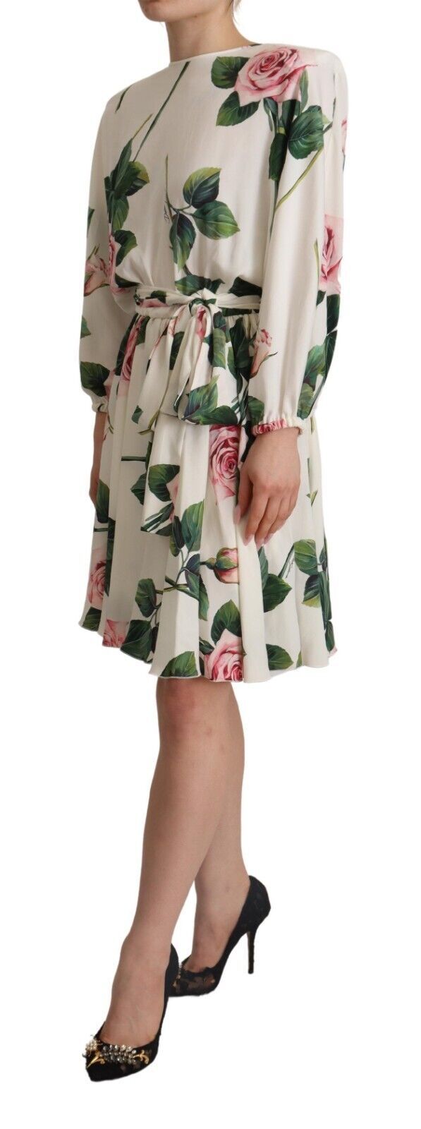 Dolce &amp; Gabbana White Rose Print Long Sleeve A-line Dress