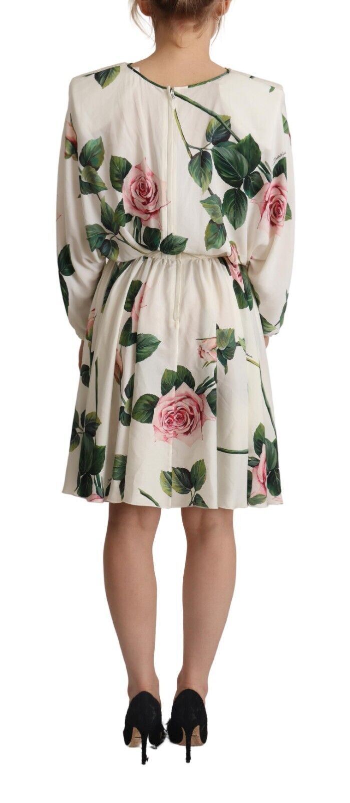 Dolce &amp; Gabbana White Rose Print Long Sleeve A-line Dress