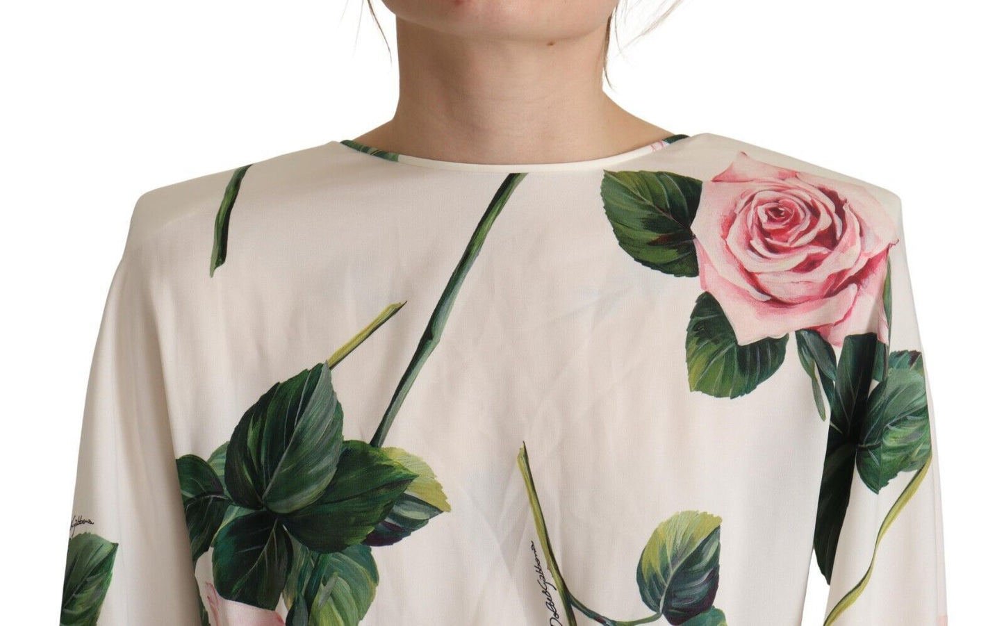 Dolce &amp; Gabbana White Rose Print Long Sleeve A-line Dress