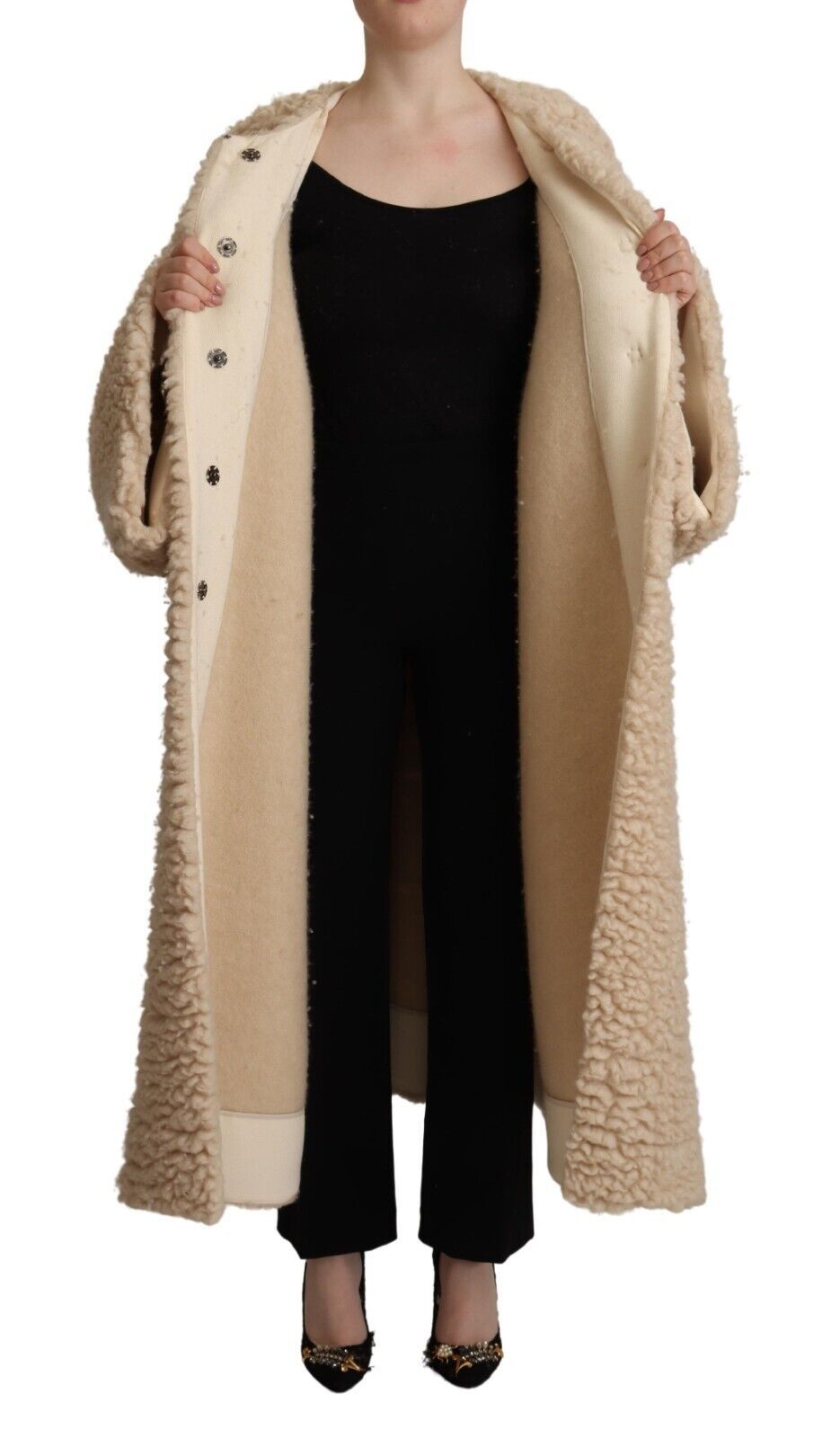 Dolce &amp; Gabbana Beige Cashmere Wool Faux Fur Coat Jacket