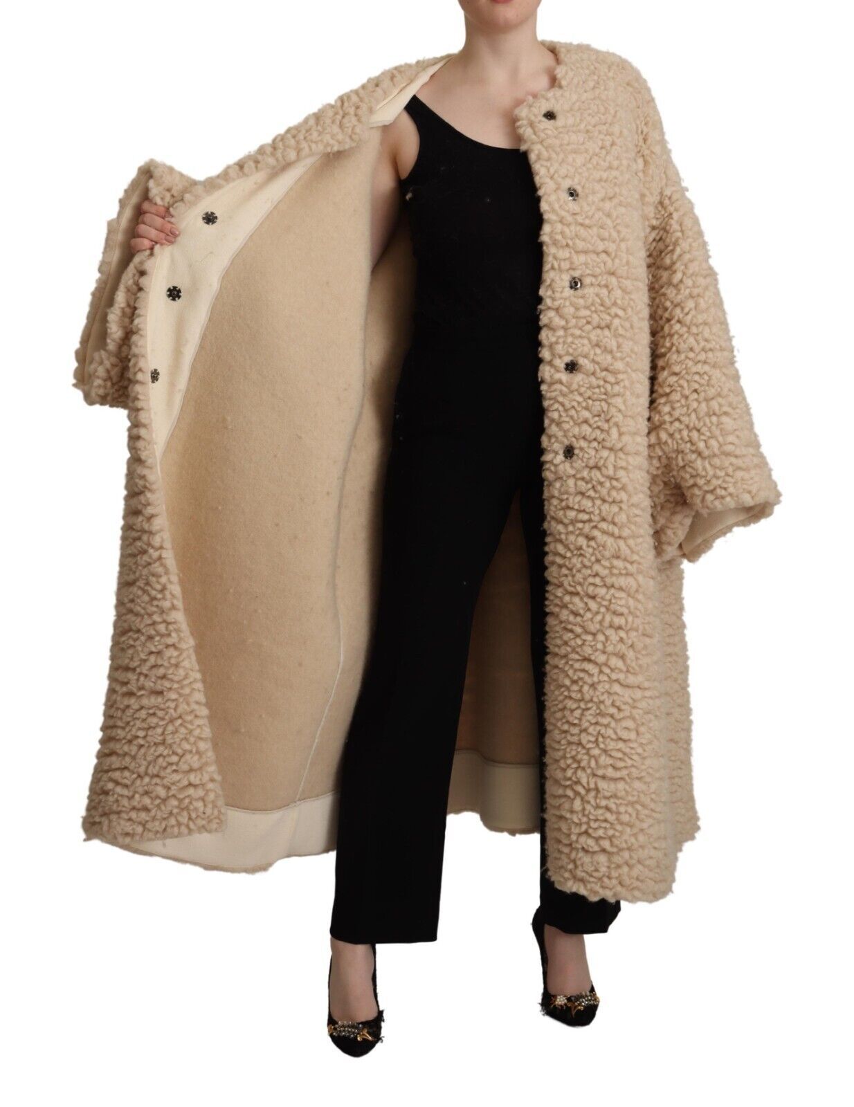 Dolce &amp; Gabbana Beige Cashmere Wool Faux Fur Coat Jacket