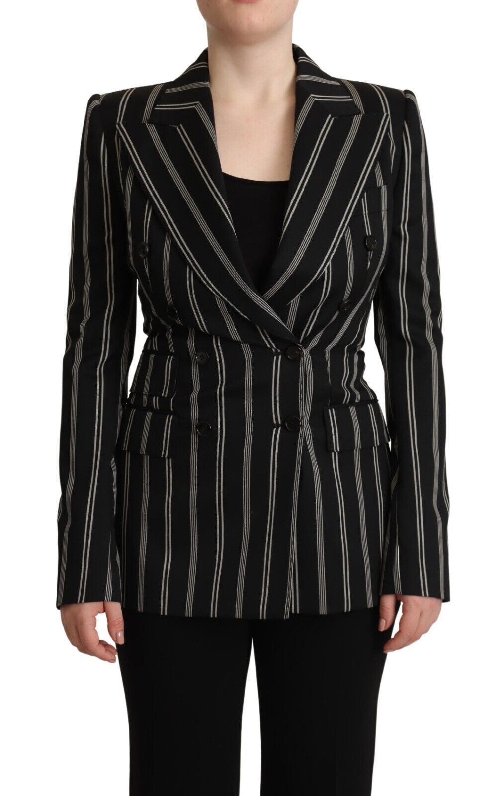 Dolce &amp; Gabbana Black White Stripes Wool Long Sleeves Jacket